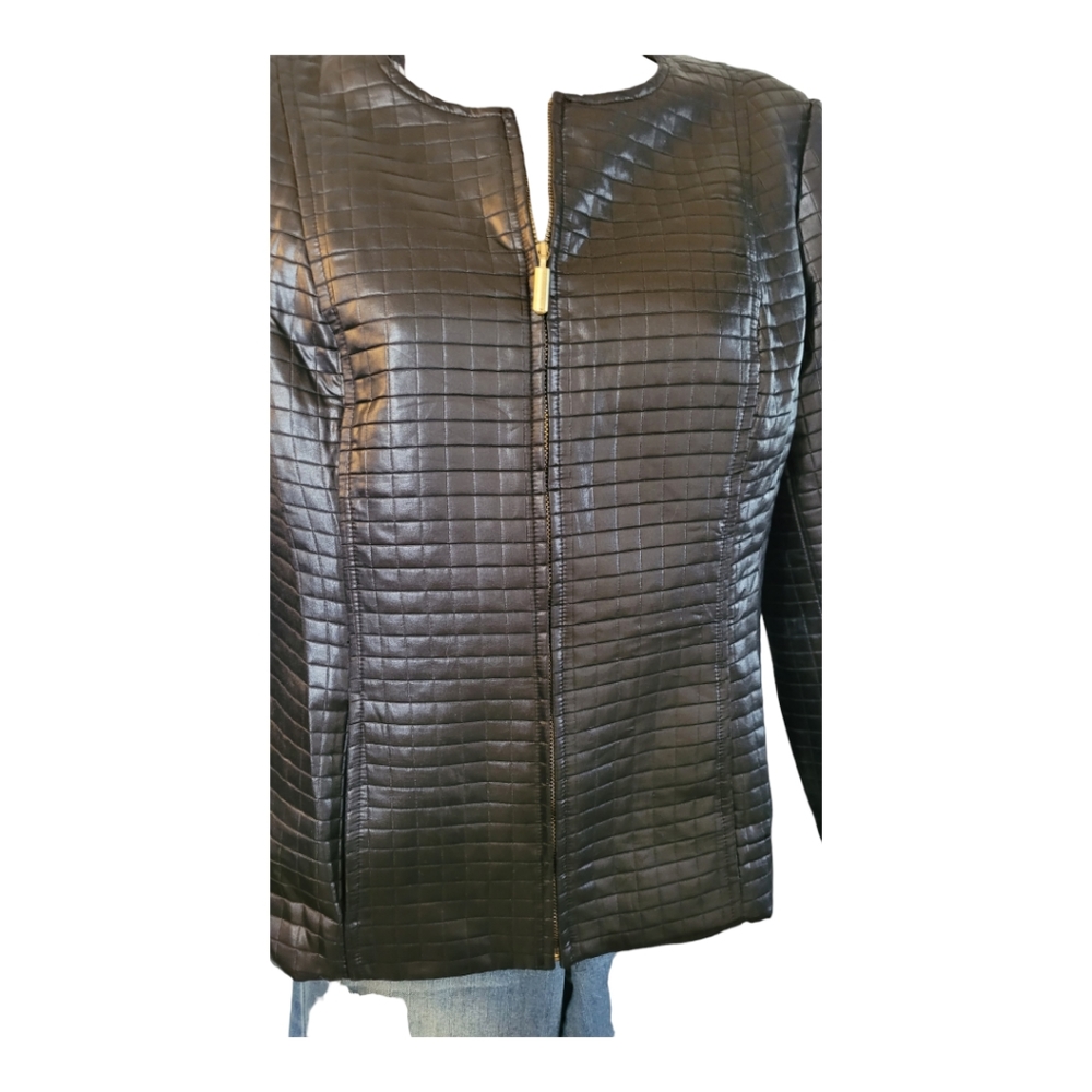 Quilted leather look lightweight 90s oversized black jacket size large - Picture 8 of 11